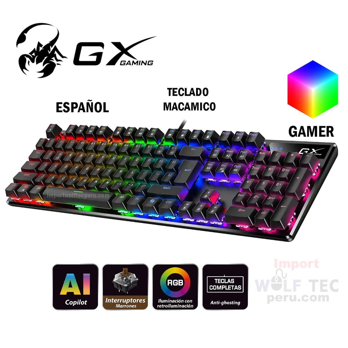 GENIUS GX - Teclado Genius Gx Scorpion K12 Gaming Rgb Led Mechanical Usb AI Brown