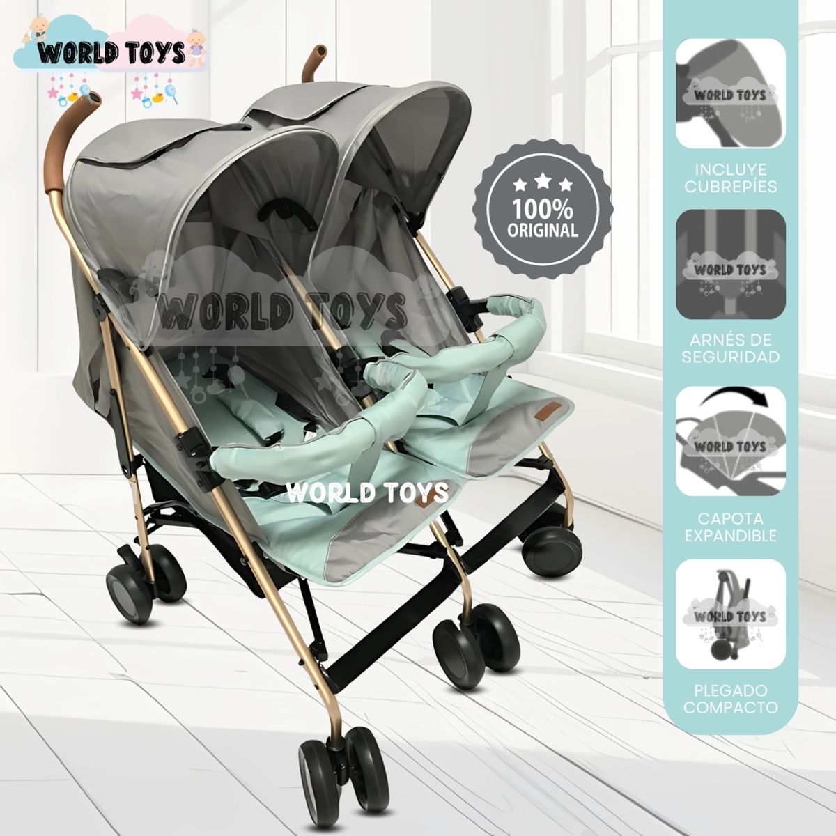 BABY - Coche Cuna Bastón Mellicero «EBABY GOLD» Light Green