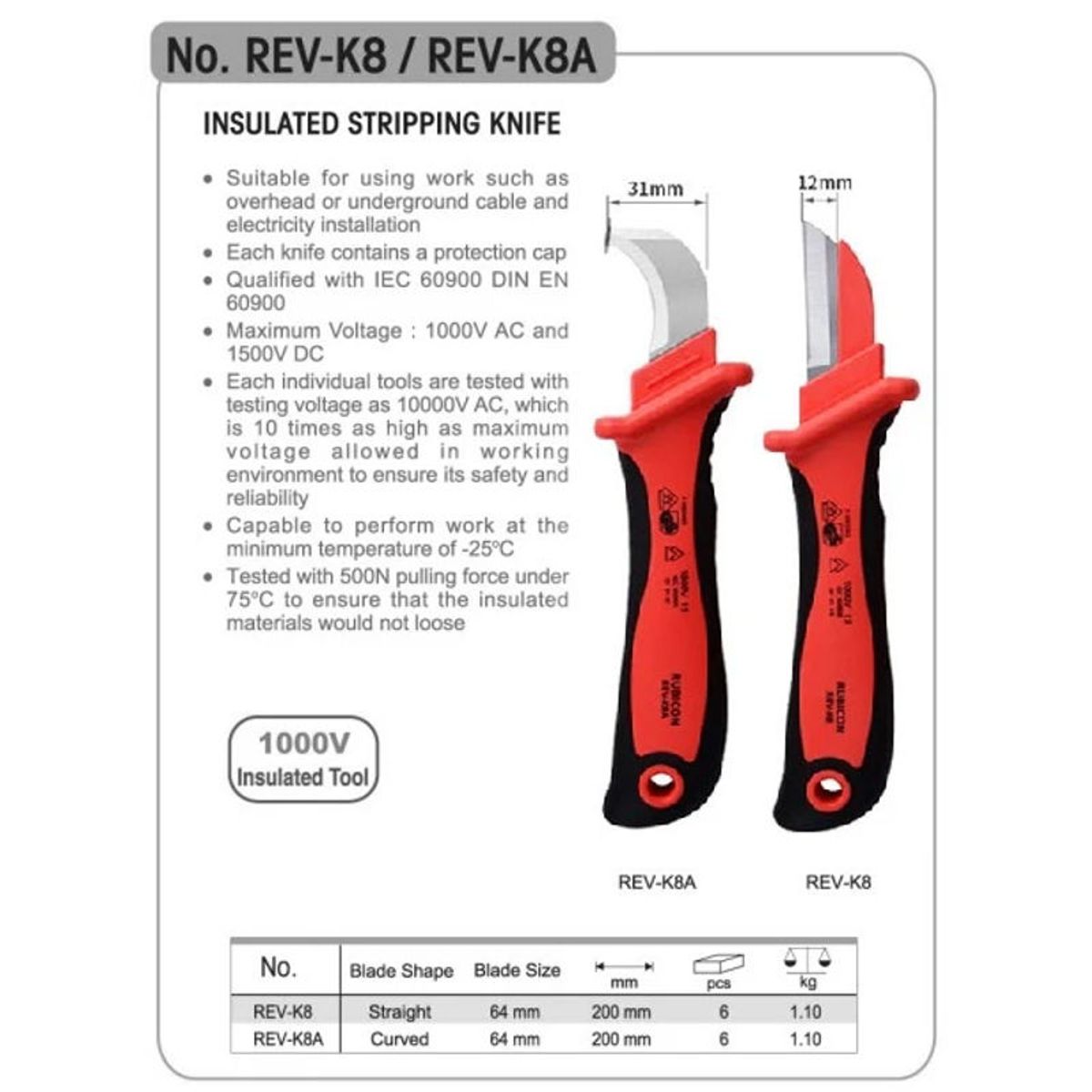 RUBICON - CUCHILLA ELECTRICISTA 1000 VOLTIOS RECTA REV-K8 RUBICON pza - 115434
