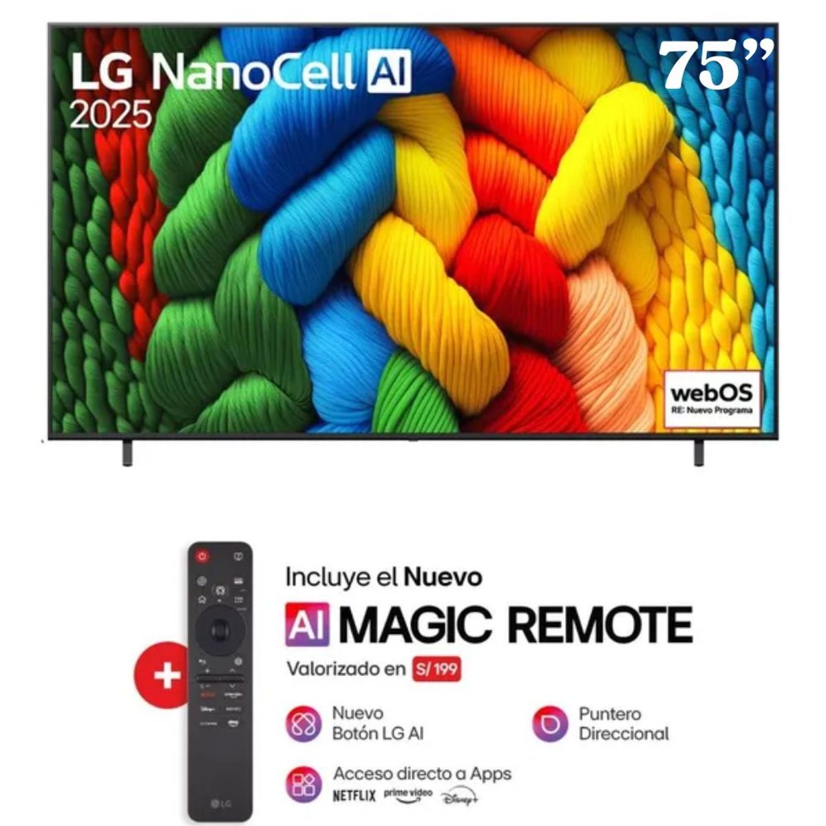 LG - TELEVISOR LG NANOCELL 75" UHD 4K SMART TV CON THINQ AI 75NANO80ASA- 2025