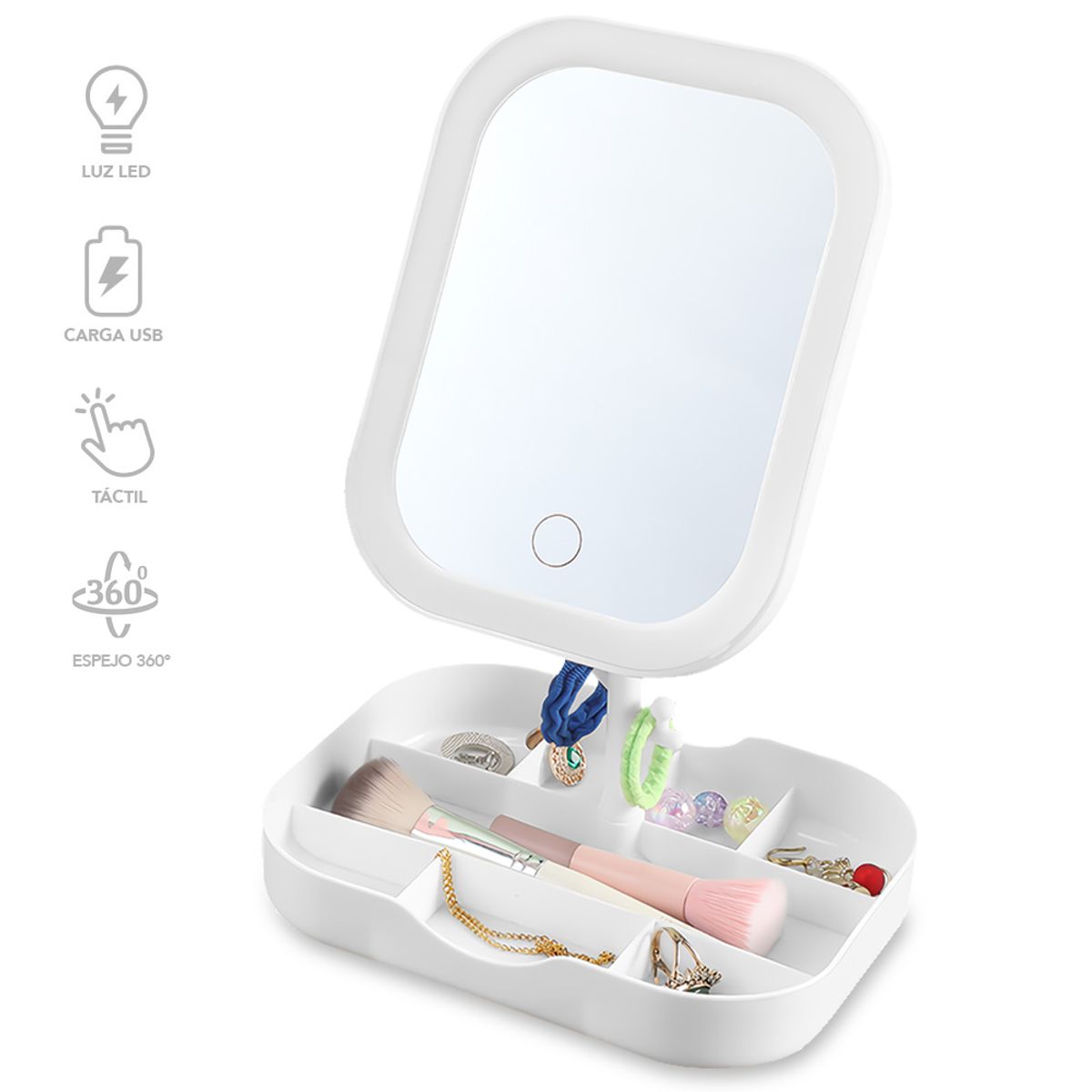 KELLER - Espejo LED con Organizador para Maquillaje 360° Blanco A31