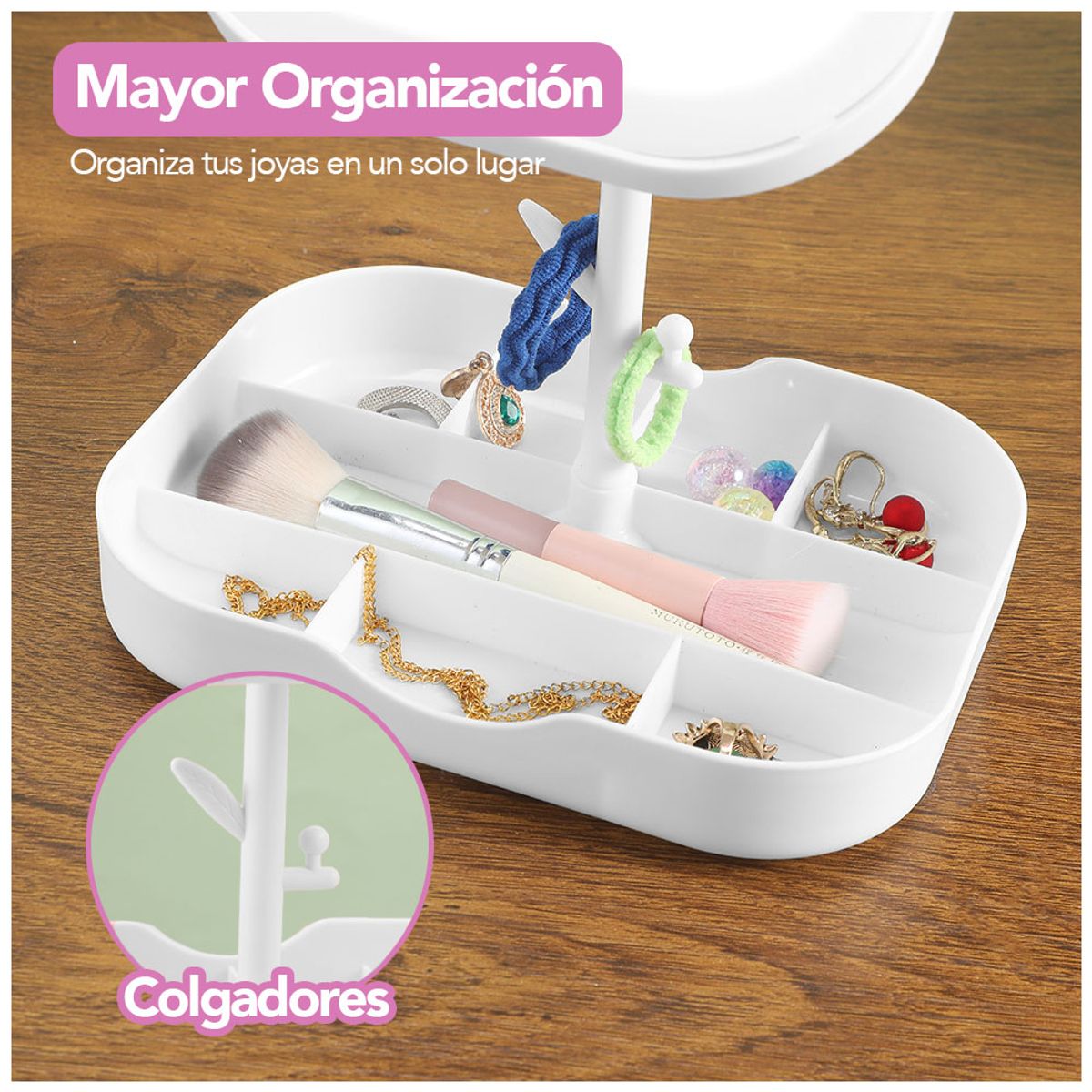 KELLER - Espejo LED con Organizador para Maquillaje 360° Blanco A31