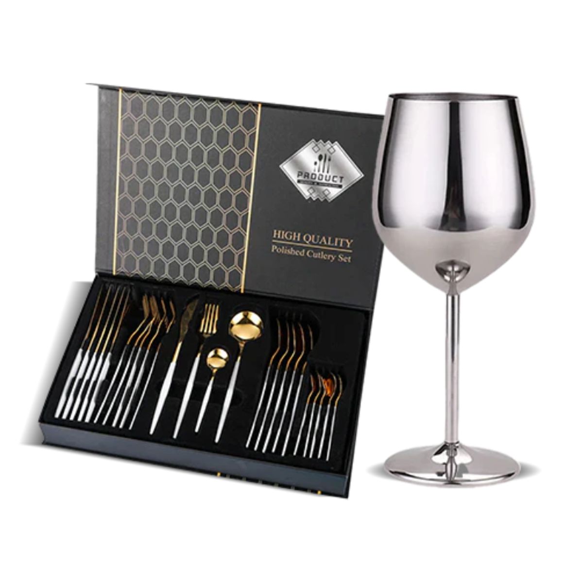 PIA COPELLO STORE - Set de Cubiertos + Copa de Acero Inoxidable