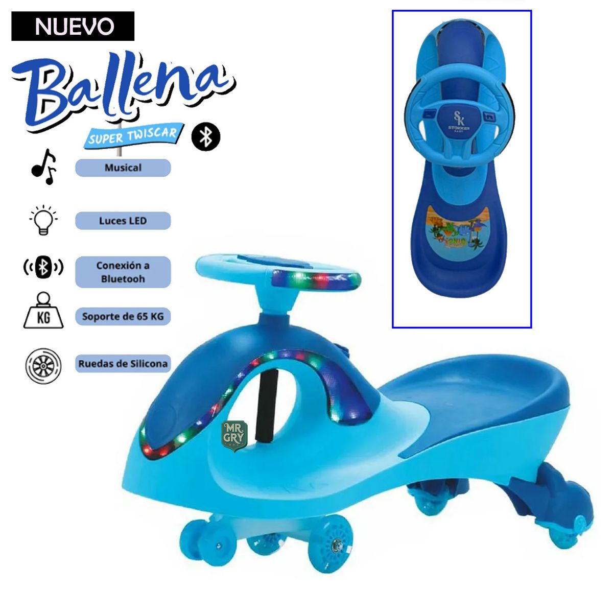 STOKKER BABY - Twiscar ballena Musical con Luces Bluetooth Azul