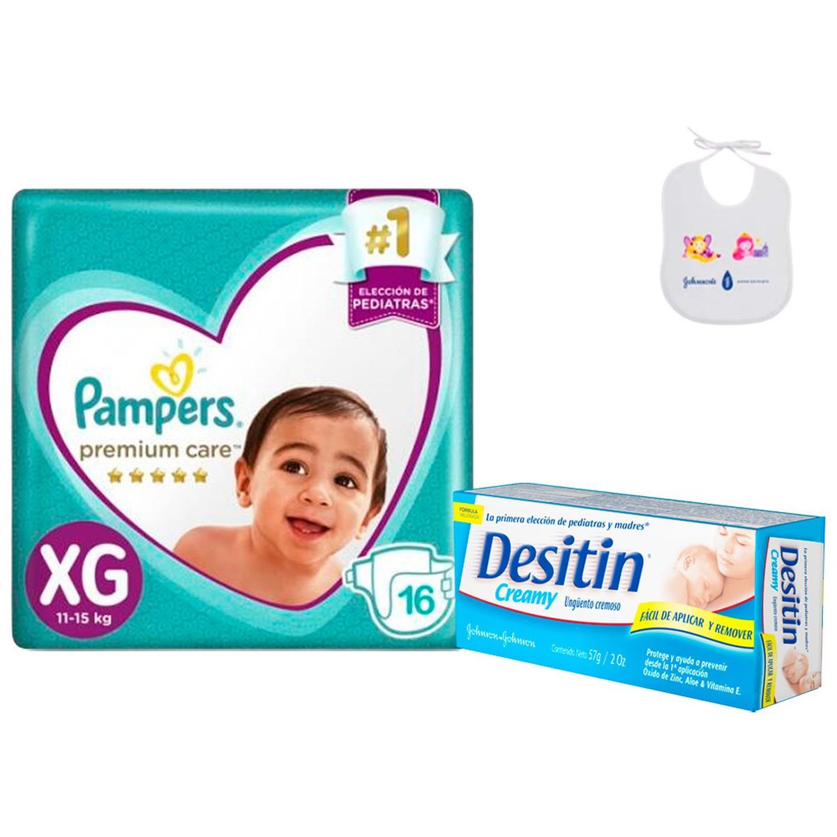 JOHNSONS - Pañales Pampers Premium Care XG 16 + Crema Desitin 57 gr