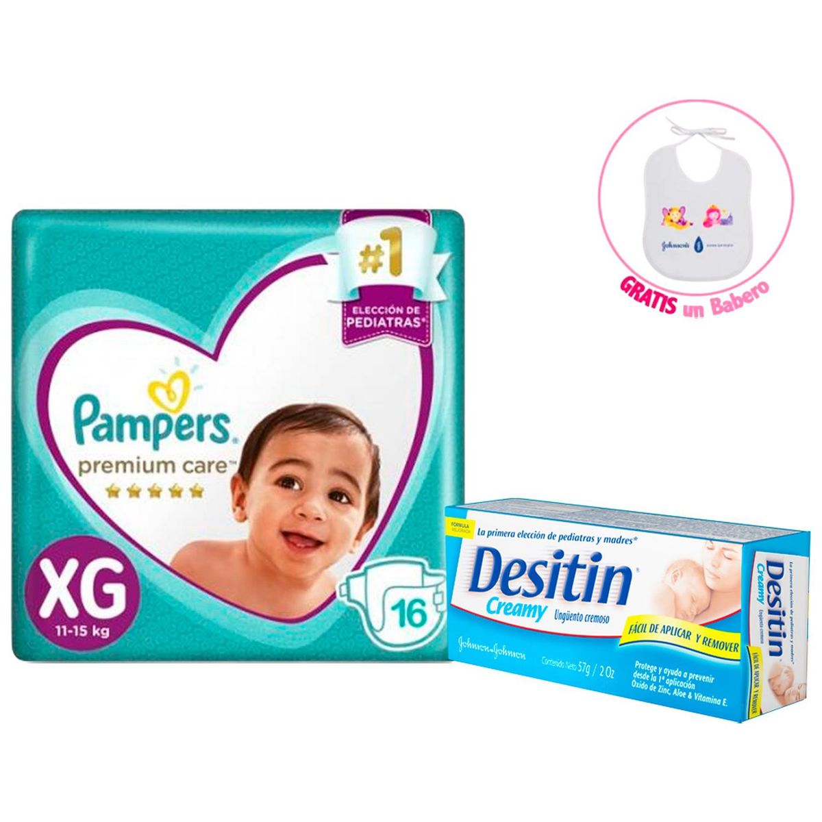 JOHNSONS - Pañales Pampers Premium Care XG 16 + Crema Desitin 57 gr