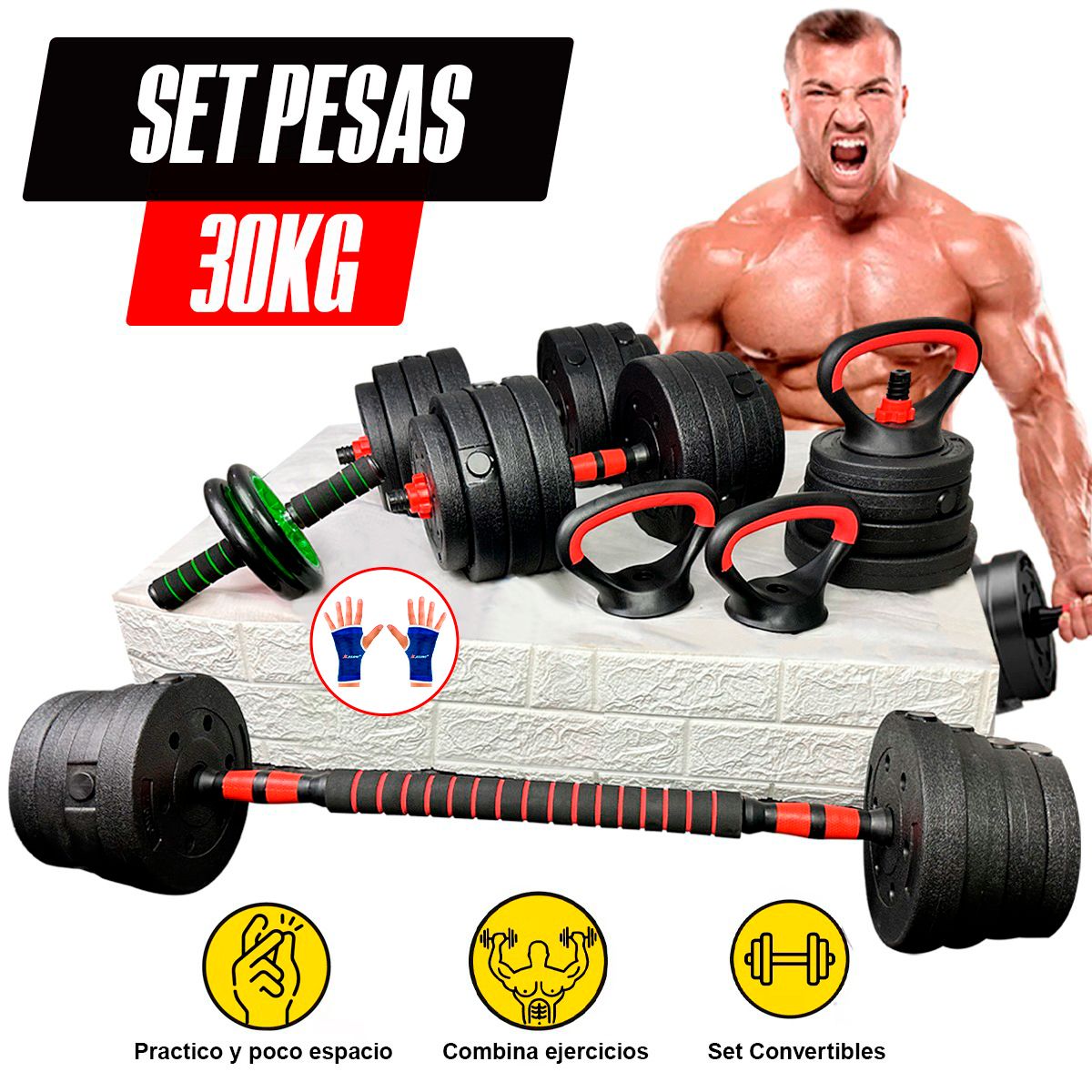 HOLGU - Pesas 30kg Set Convertible Barra Recta a Pesa Rusa Importado + Rueda AB + guantes gratis