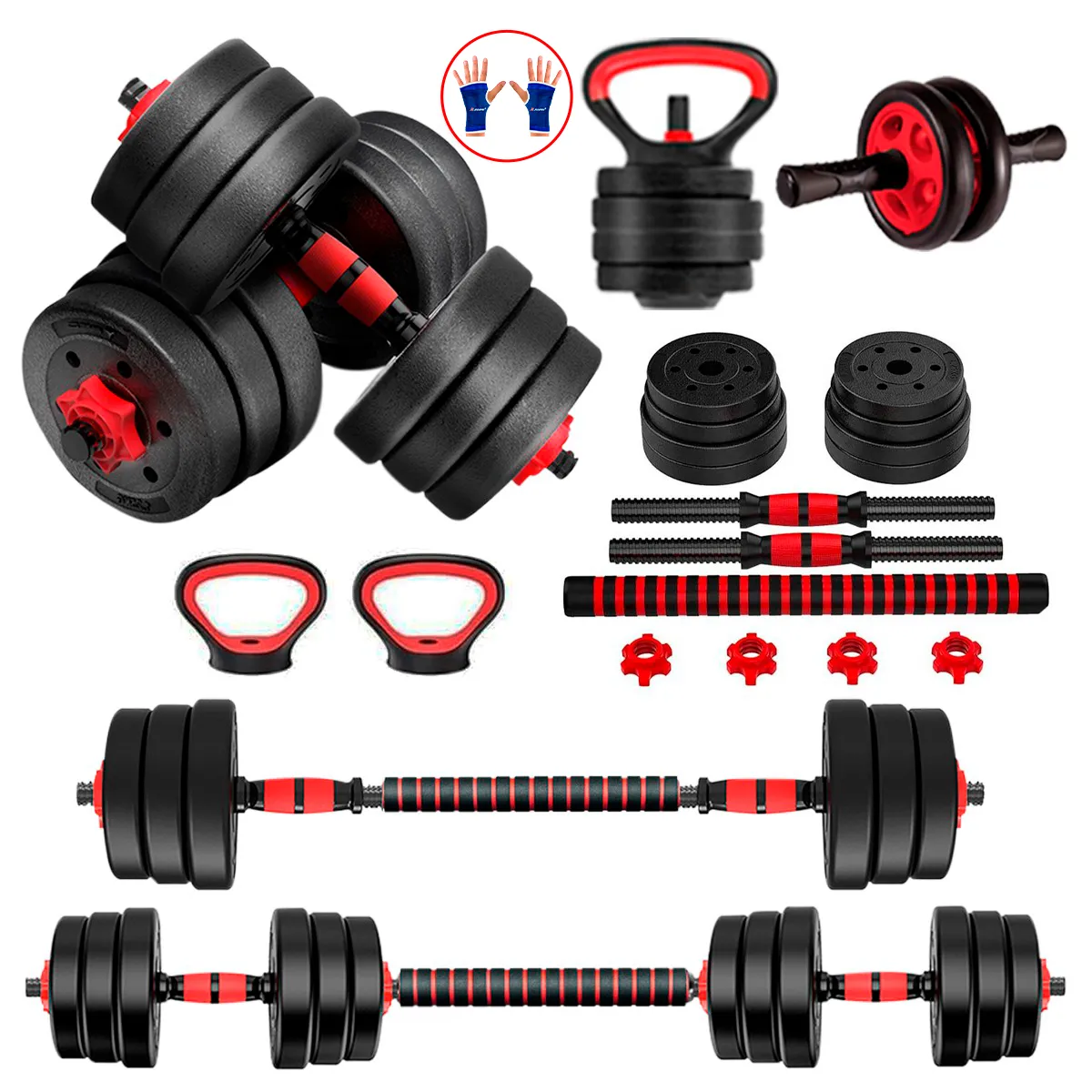 HOLGU - Pesas 30kg Set Convertible Barra Recta a Pesa Rusa Importado + Rueda AB + guantes gratis