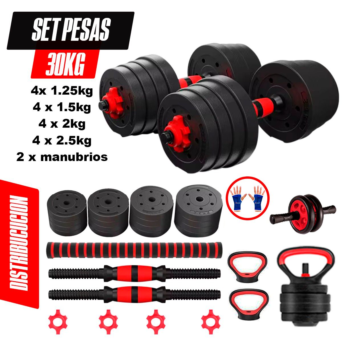HOLGU - Pesas 30kg Importado Barra y Pesa Rusa + Rueda AB y Guantes