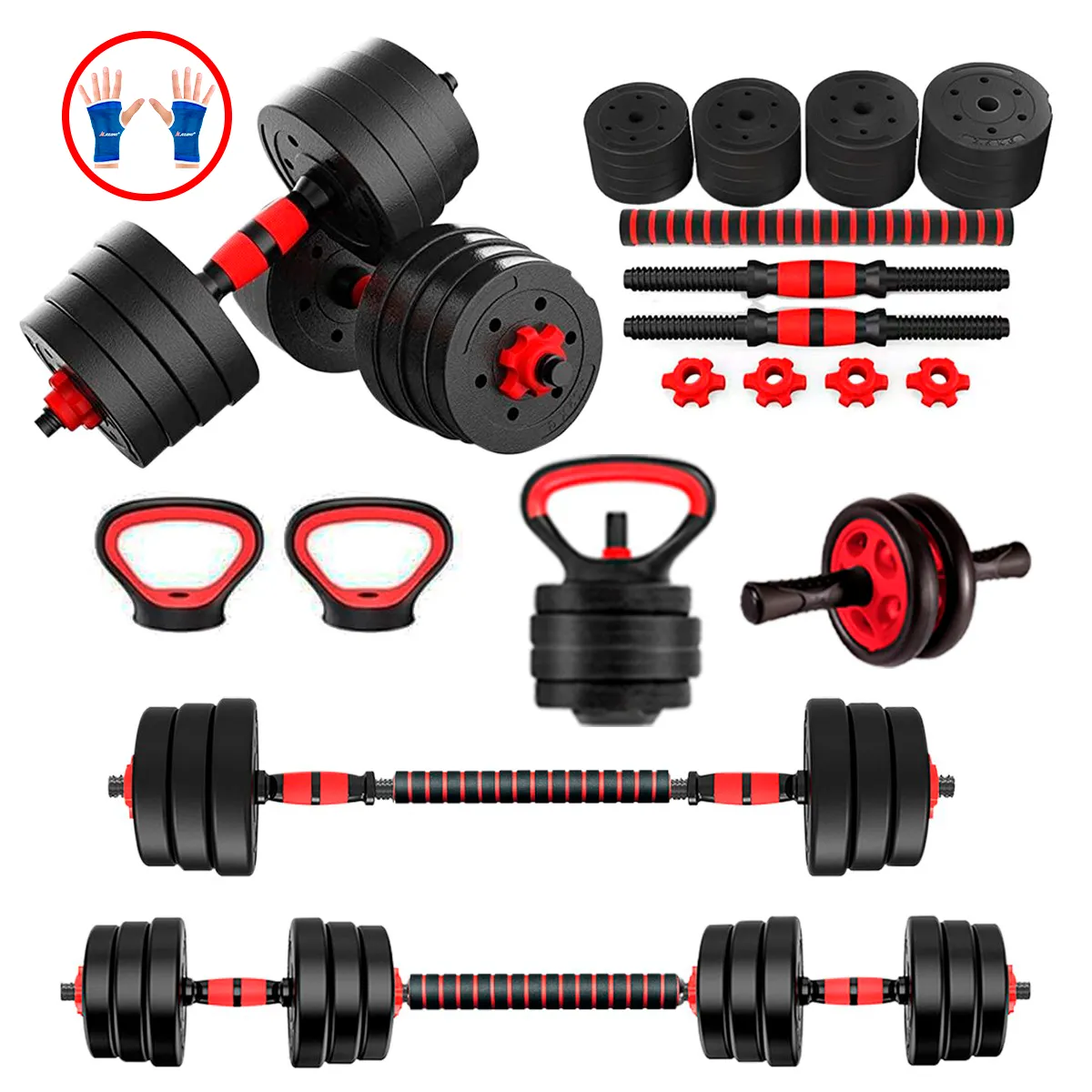 HOLGU - Pesas 30kg Importado Barra y Pesa Rusa + Rueda AB y Guantes