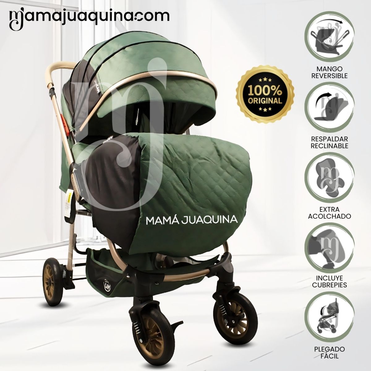 BABY - Coche Cuna de Lujo «BARCE NEW» Mango Reversible Green