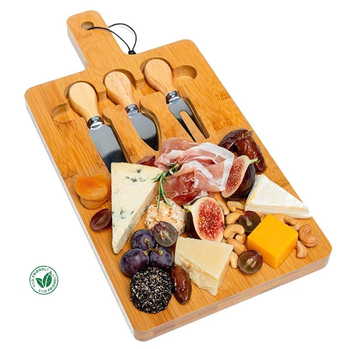 GENERICO - Tabla para Quesos & Piqueos Bambú Premium 3 Cubiertos