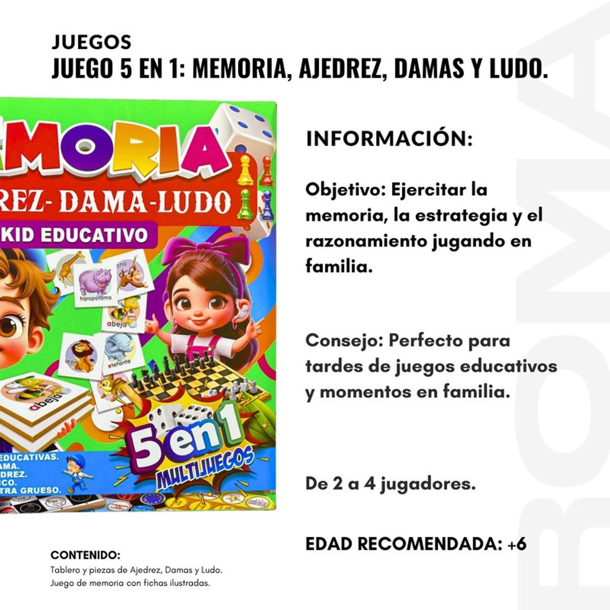 GENERICO - KIT EDUCATIVO JUEGO 5 EN 1 MEMORIA AJEDREZ DAMAS Y LUDO