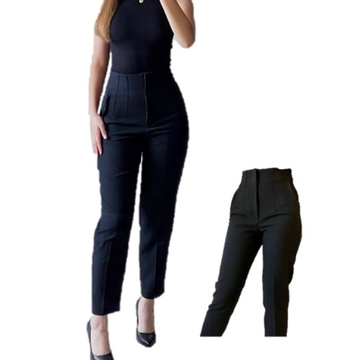 GENERICO - PANTALON DE VESTIR TIRO ALTO CON PINZAS COLOR NEGRO