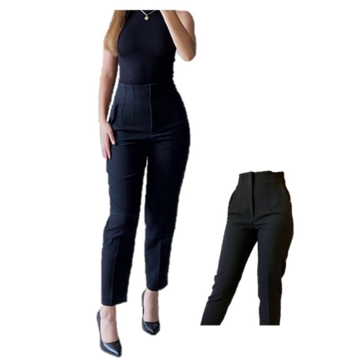 GENERICO - PANTALON DE VESTIR TIRO ALTO CON PINZAS COLOR NEGRO