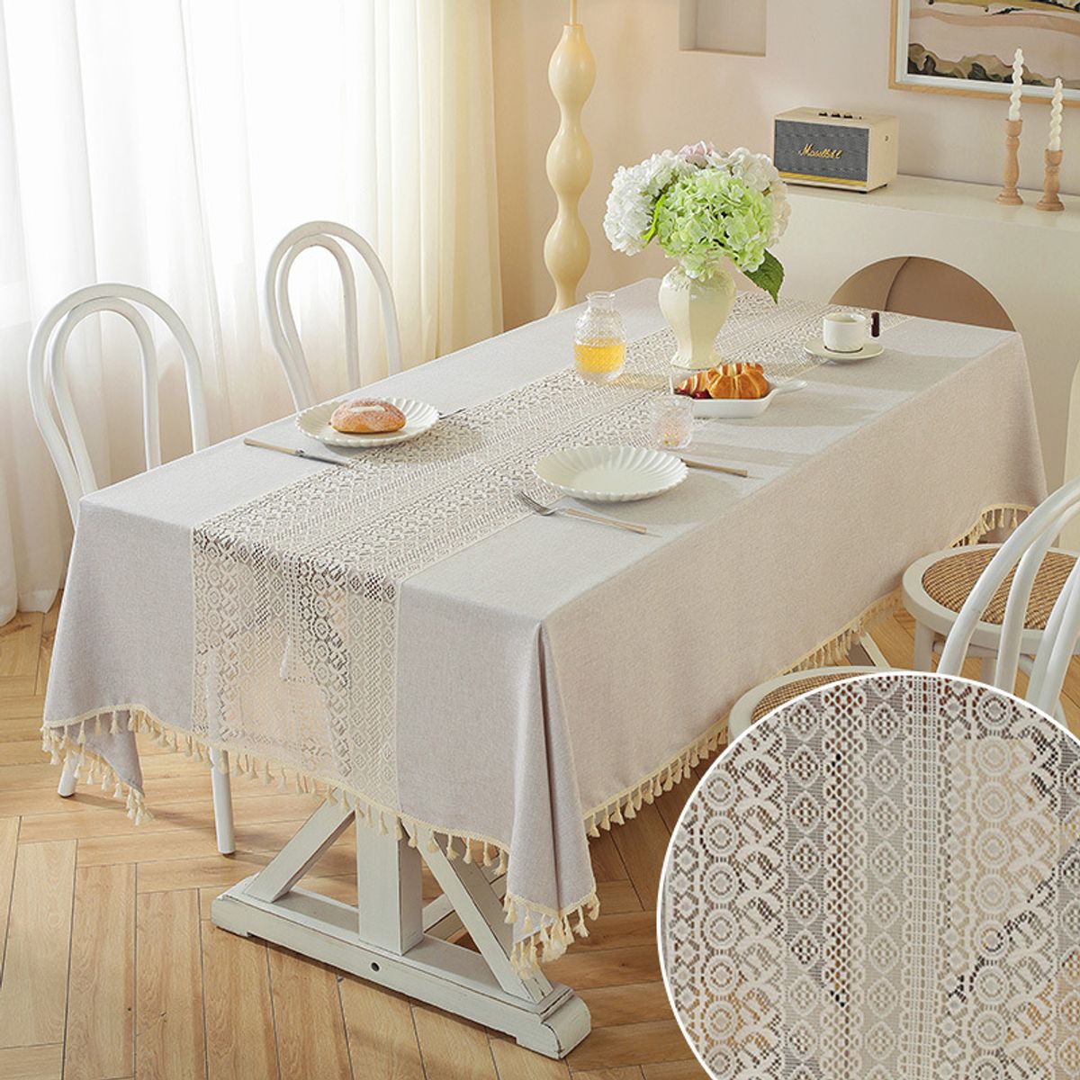 PUREPOWER - Mantel Vintage Crochet Calado Flecos Lino para Bodas Hogar 140x220cm