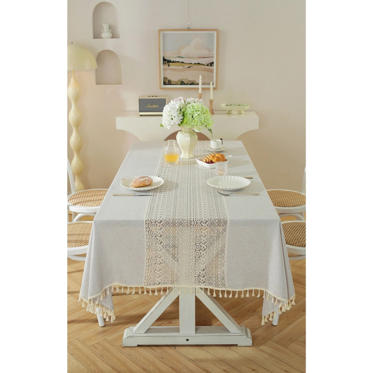 PUREPOWER - Mantel Vintage Crochet Calado Flecos Lino para Bodas Hogar 140x220cm