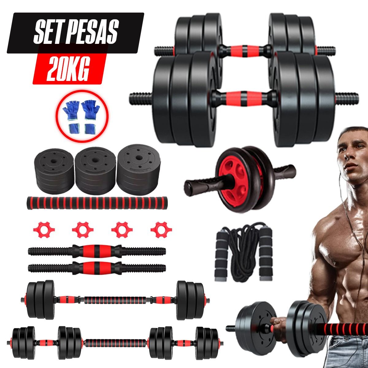 HOLGU - Pesas 20kg Convertibles Barra + Rueda AB Soga y Guantes Gym