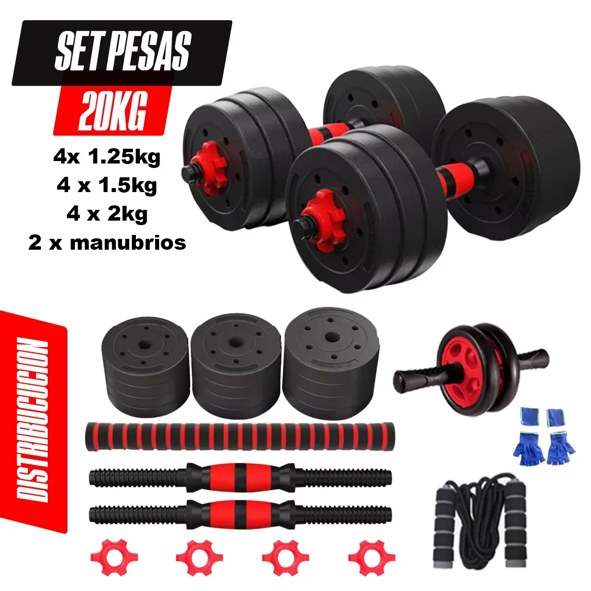 HOLGU - Pesas 20kg Convertibles Barra + Rueda AB Soga y Guantes Gym