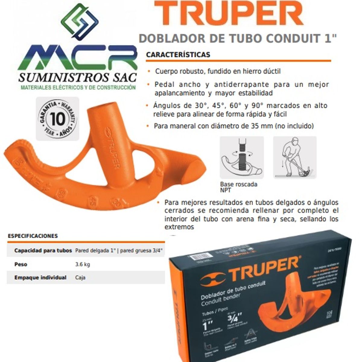 TRUPER - DOBLADOR DE TUBO CONDUIT DE 1 pulgada TRUPER CON PALANCA