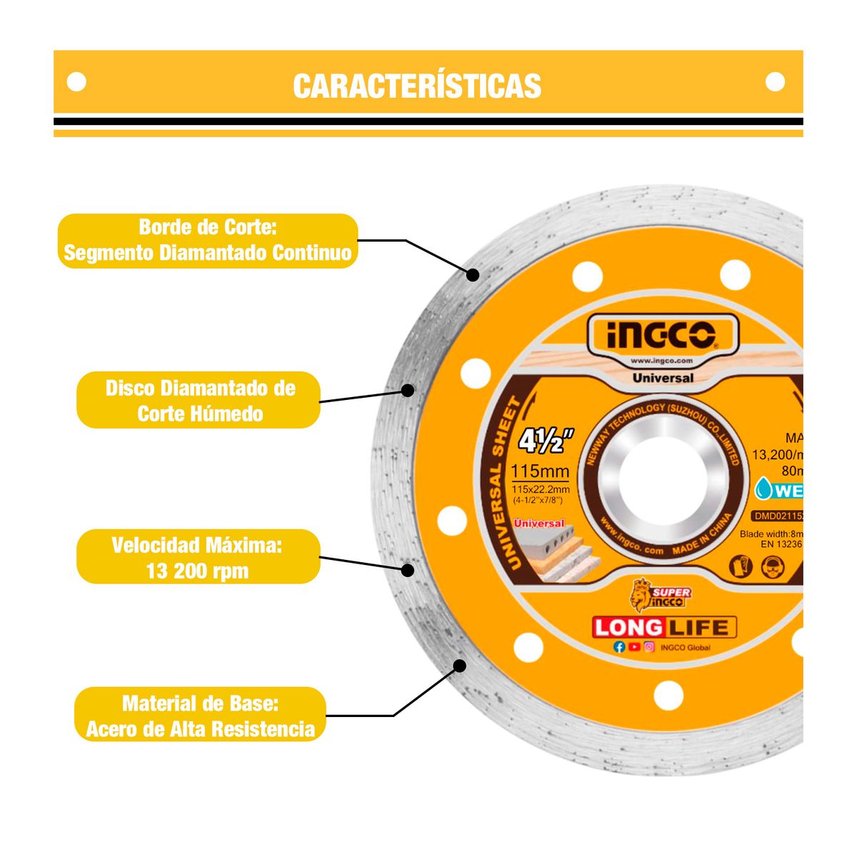 INGCO TOOLS - Disco Diamantado Continuo 115mm Corte Cerámica Y Mármol