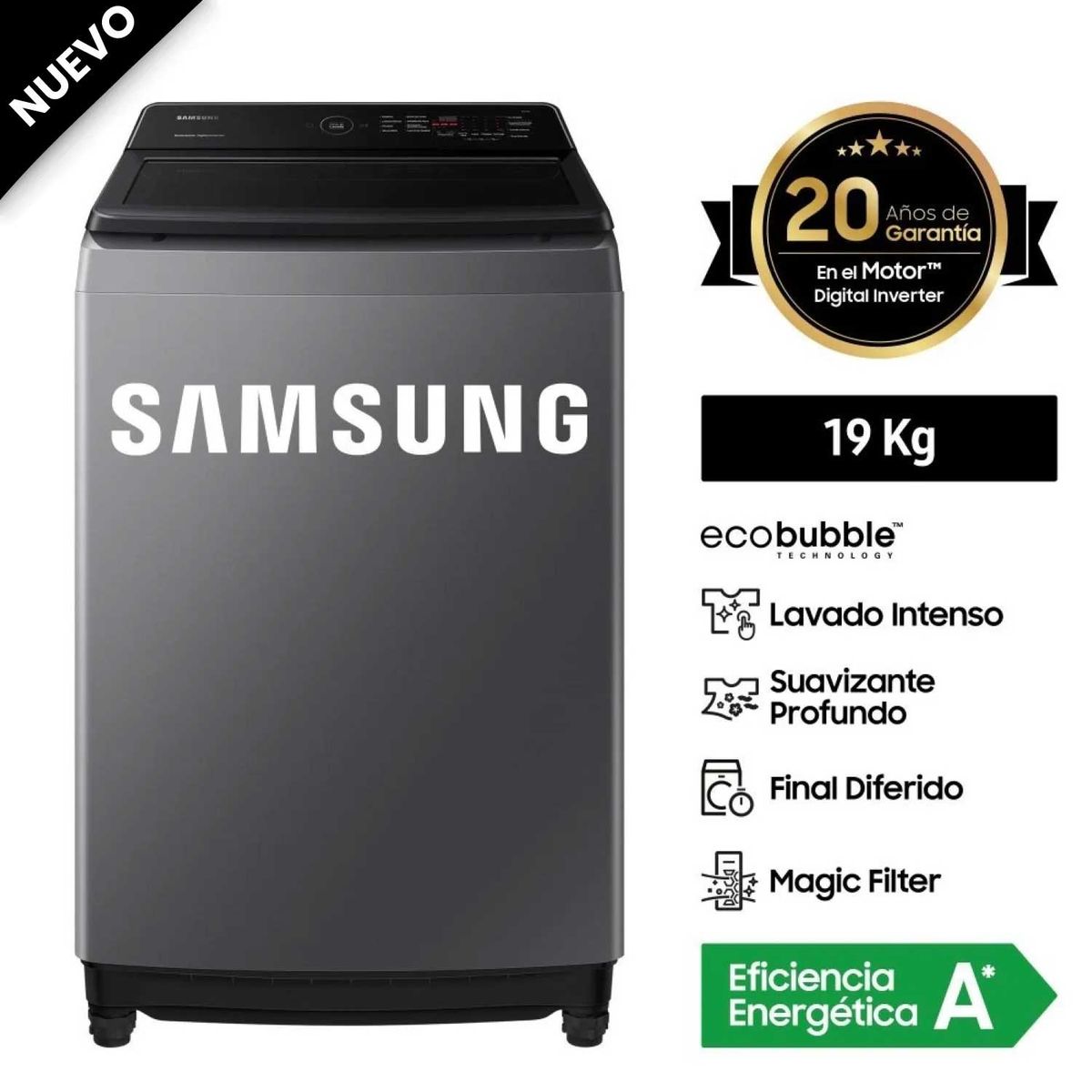 SAMSUNG - Lavadora Samsung 19 Kg Eco Bubble WA19CG6441BDPE Gris