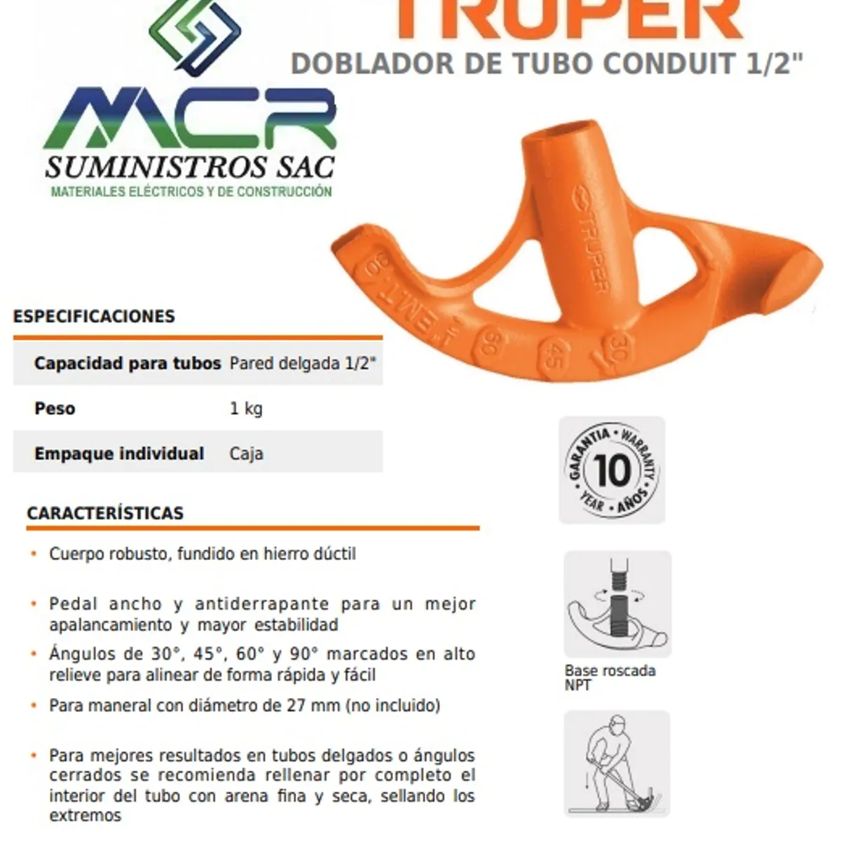 TRUPER - DOBLADOR DE TUBO CONDUIT DE media pulgada 1-2 TRUPER CON PALANCA