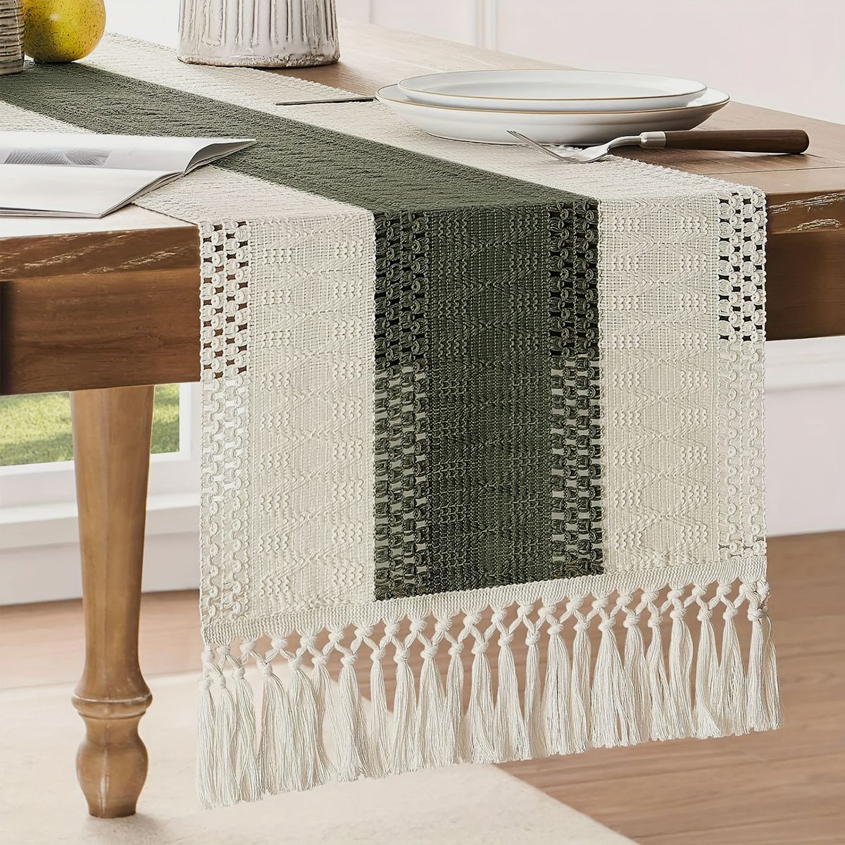 TEJICORP - Camino de mesa Freydis con verde 29 x 180 cm