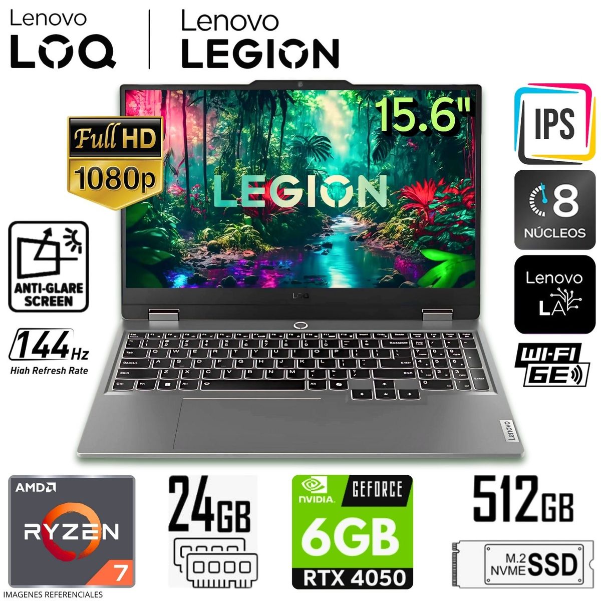 LENOVO - Laptop Lenovo LOQ 15ARP9 83JC008GLM AMD Ryzen 7-7435HS 24GB RAM 512GB SSD 15.6 FHD RTX4050-6GB
