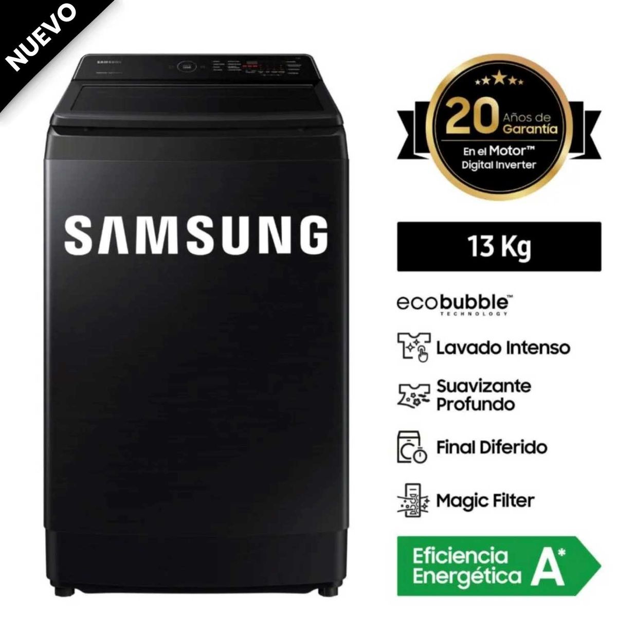 SAMSUNG - LAVADORA SAMSUNG 13KG CARGA SUPERIOR WA13CG5441BV - NEGRO