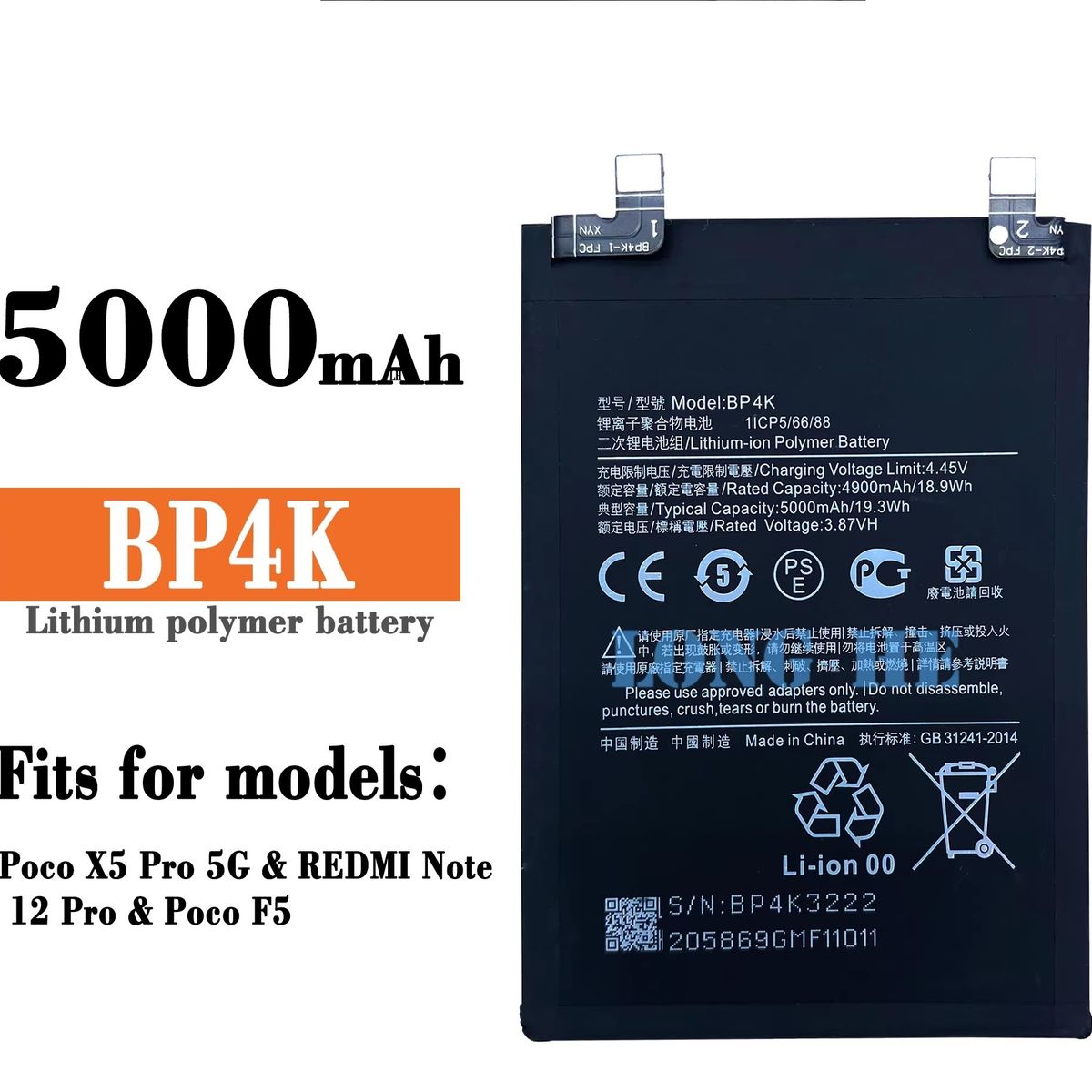 GENERICO - BATERIA Note 12 Pro (5G) / Note 12T / POCO X5 Pro 5G / Poco F5 - BP4K