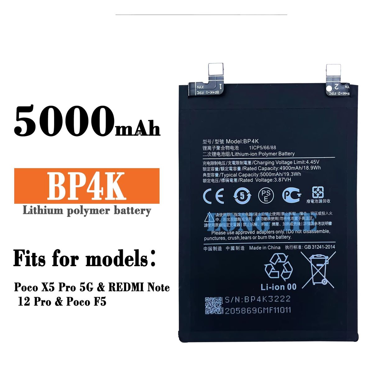 GENERICO - BATERIA Note 12 Pro (5G) / Note 12T / POCO X5 Pro 5G / Poco F5 - BP4K