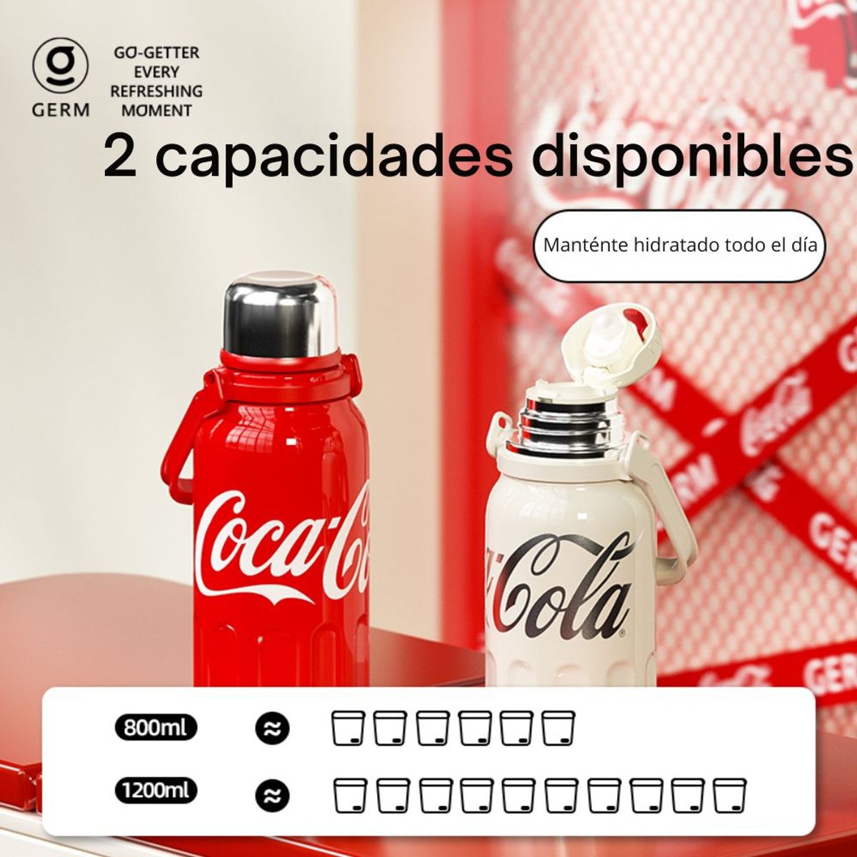GERM - Termo Deportivo Coca-Cola x Germ 800 ml / 27 Oz con Tapa Taza – Blanco