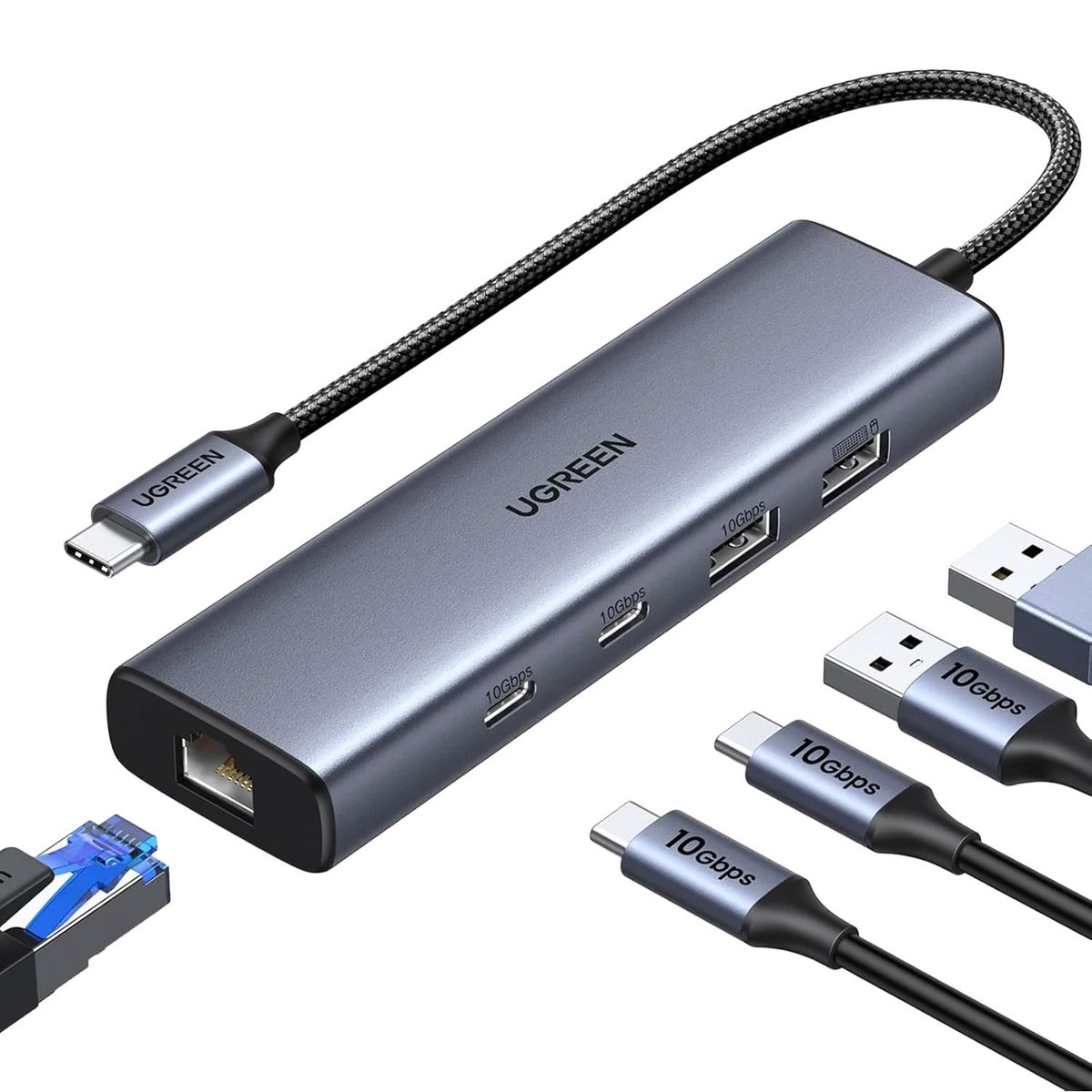 UGREEN - Hub Ugreen USB-C 6 Puertos 2 USB-C 2 USB-A RJ45 45320 Gris