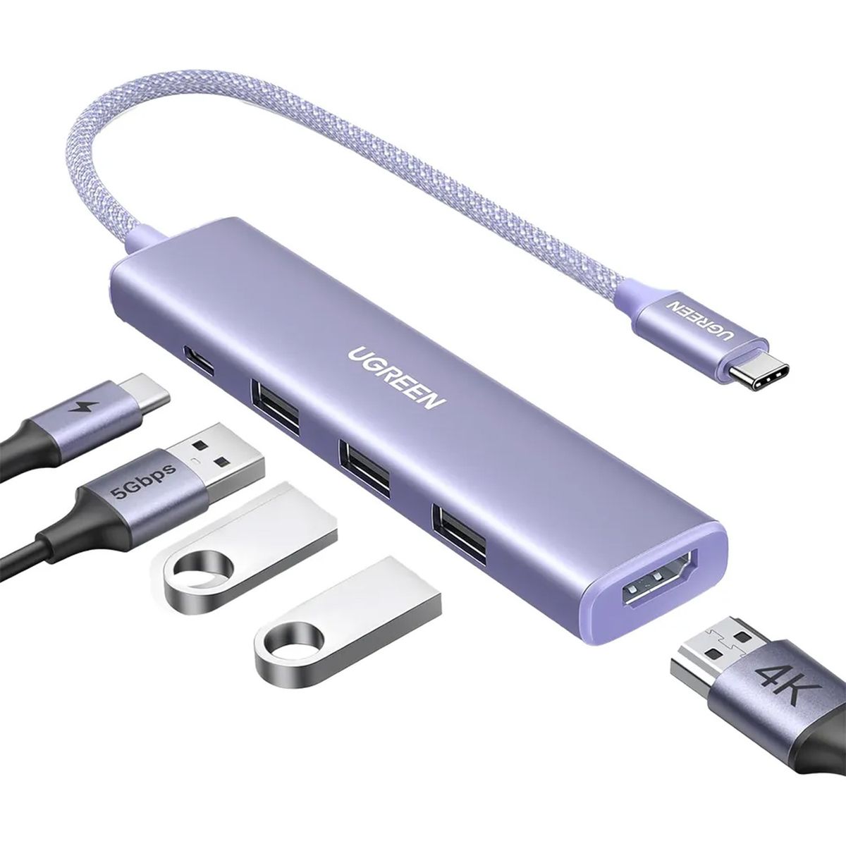 UGREEN - Hub Ugreen 5 En 1 USB-C HDMI 4K 3x USB-A 30 PD 100W 35582 Plateado.