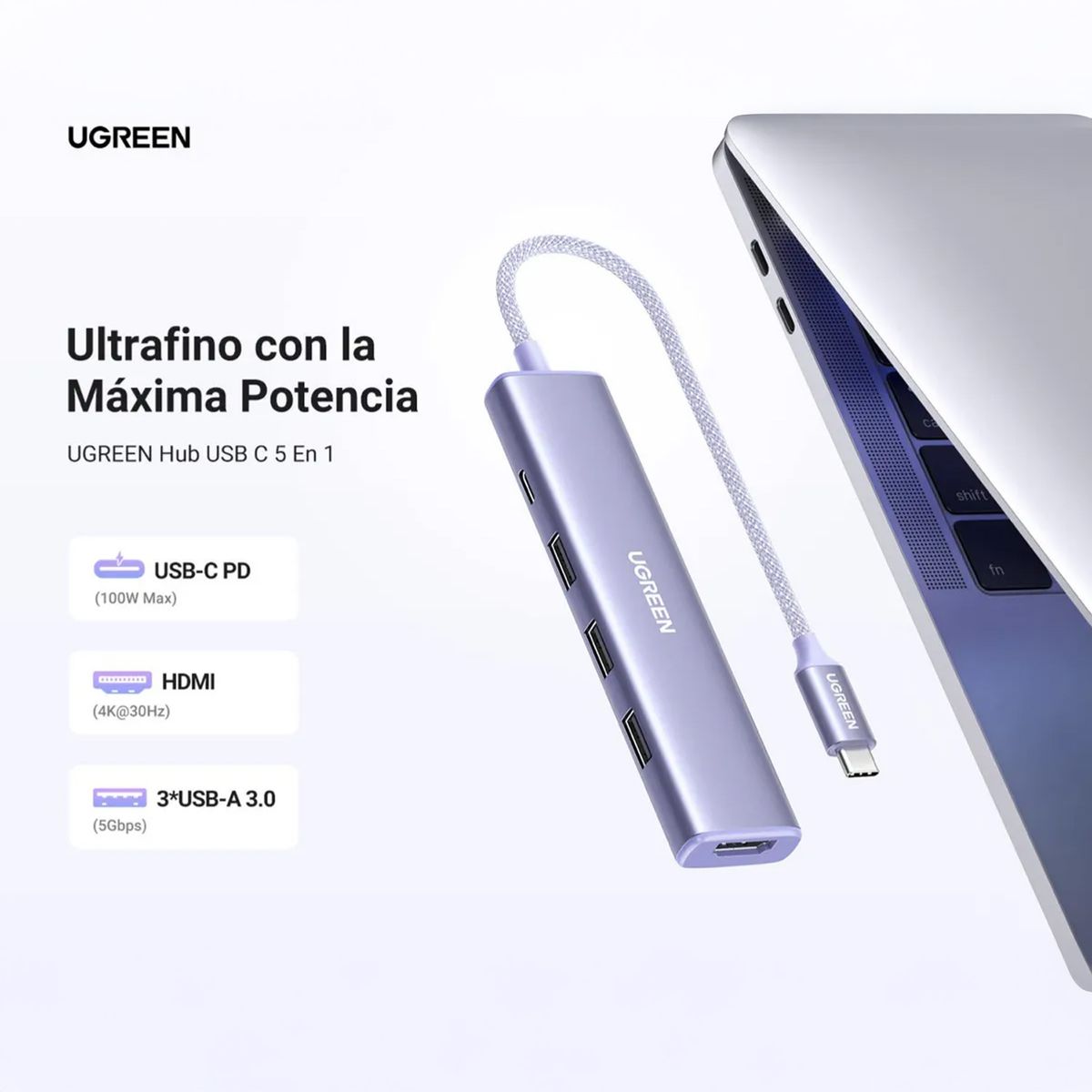 UGREEN - Hub Ugreen 5 En 1 USB-C HDMI 4K 3x USB-A 30 PD 100W 35582 Plateado.