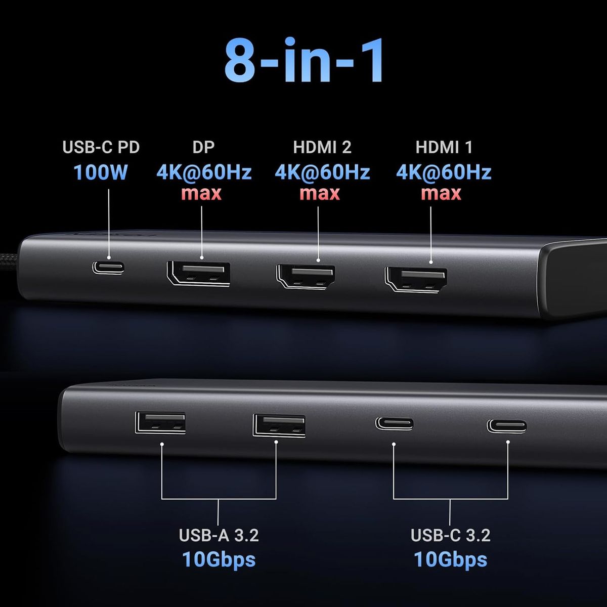 UGREEN - Hub Ugreen 8 en 1 USB-C a HDMI DP USB-C USB-A 32 PD 100w 35625 Gris