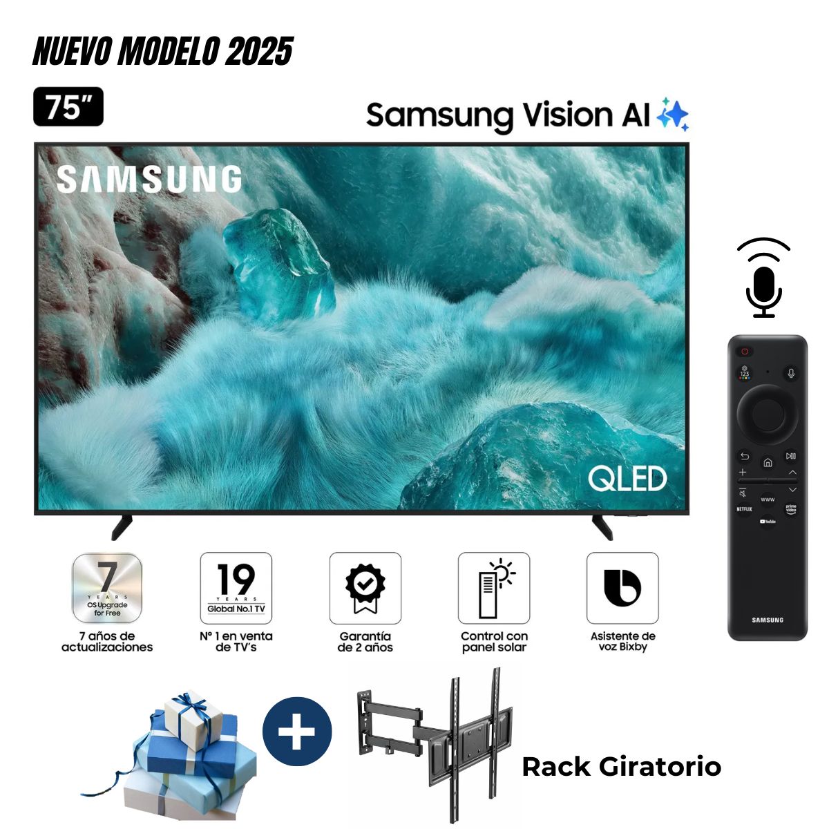 SAMSUNG - Televisor Samsung 75 QLED QN75Q7FAAGXPE Vision Ai Smart Tv 2025 + Rack Giratorio