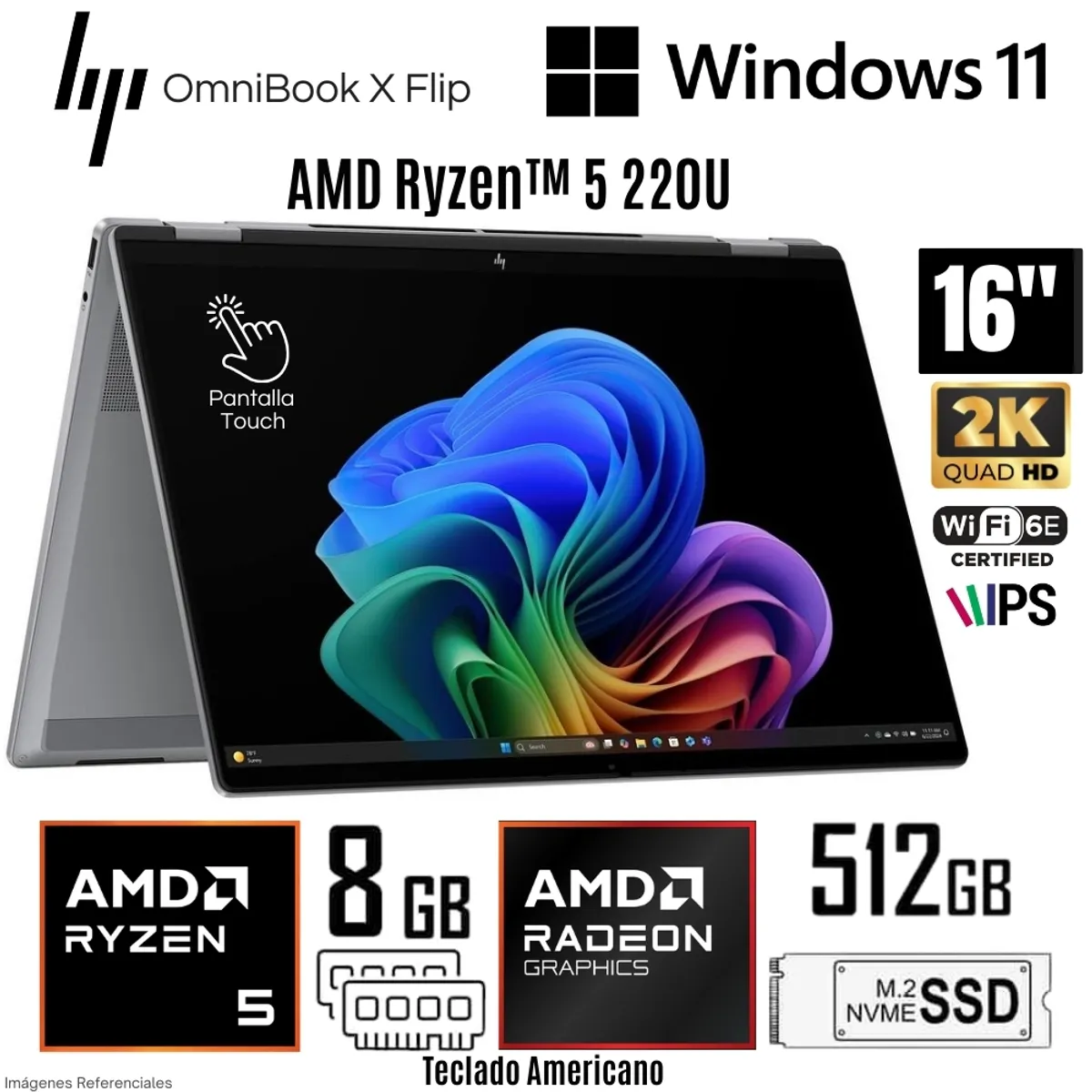 HP - Laptop HP OmniBook X Flip 16-BE0003DX AMD Ryzen 5 220U 8GB RAM 512GB SSD 16" 2K IPS - Grey