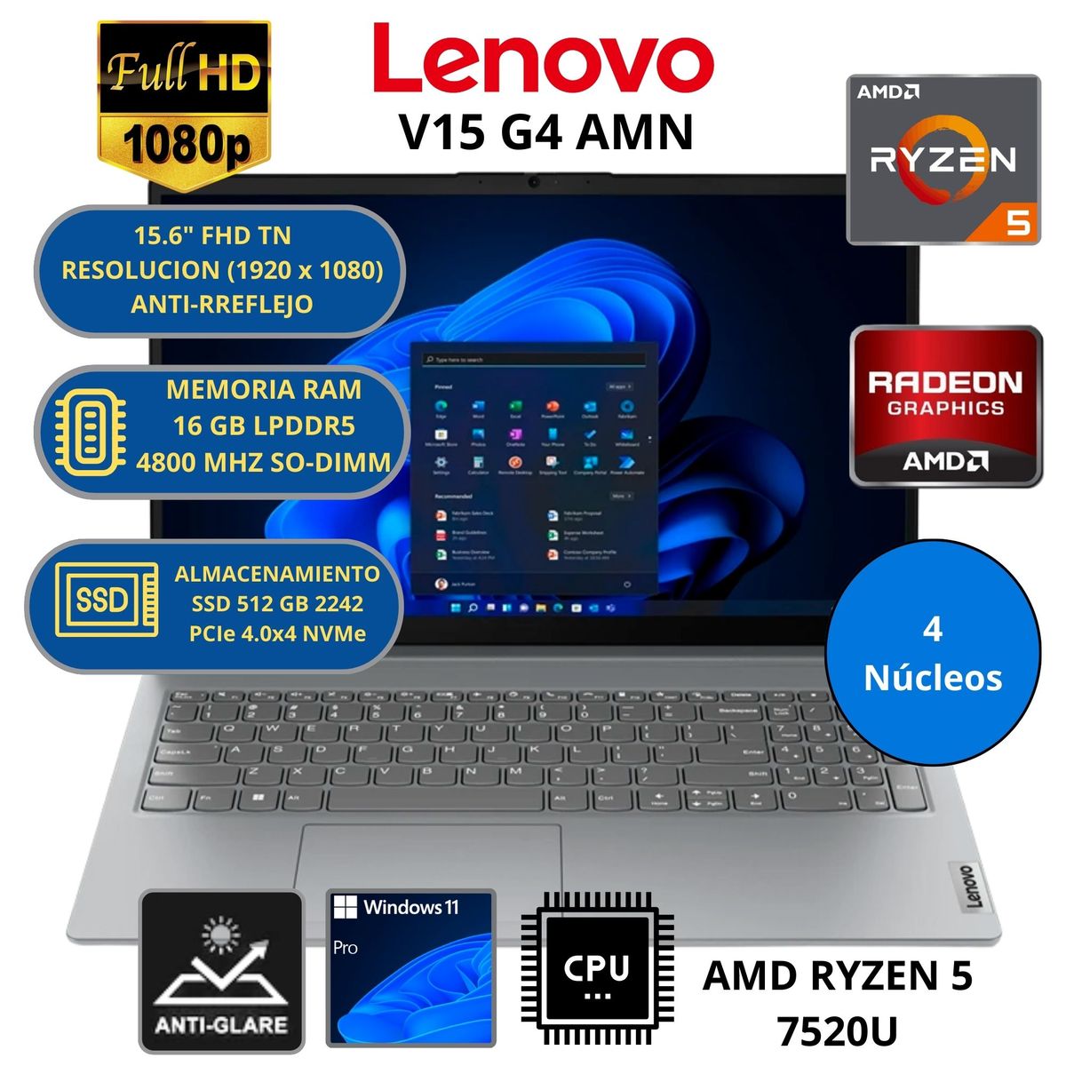 LENOVO - Laptop Lenovo AMD RYZEN 5-RAM 16 GB SSD 512 GB 15.6" FHD WINDOWS 11
