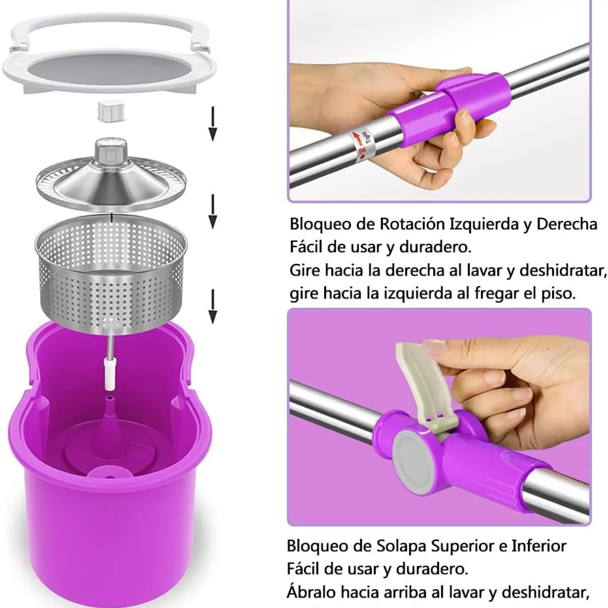 GENERICO - Balde Escurridor Trapeador 2 Mopas + Dispensador morado