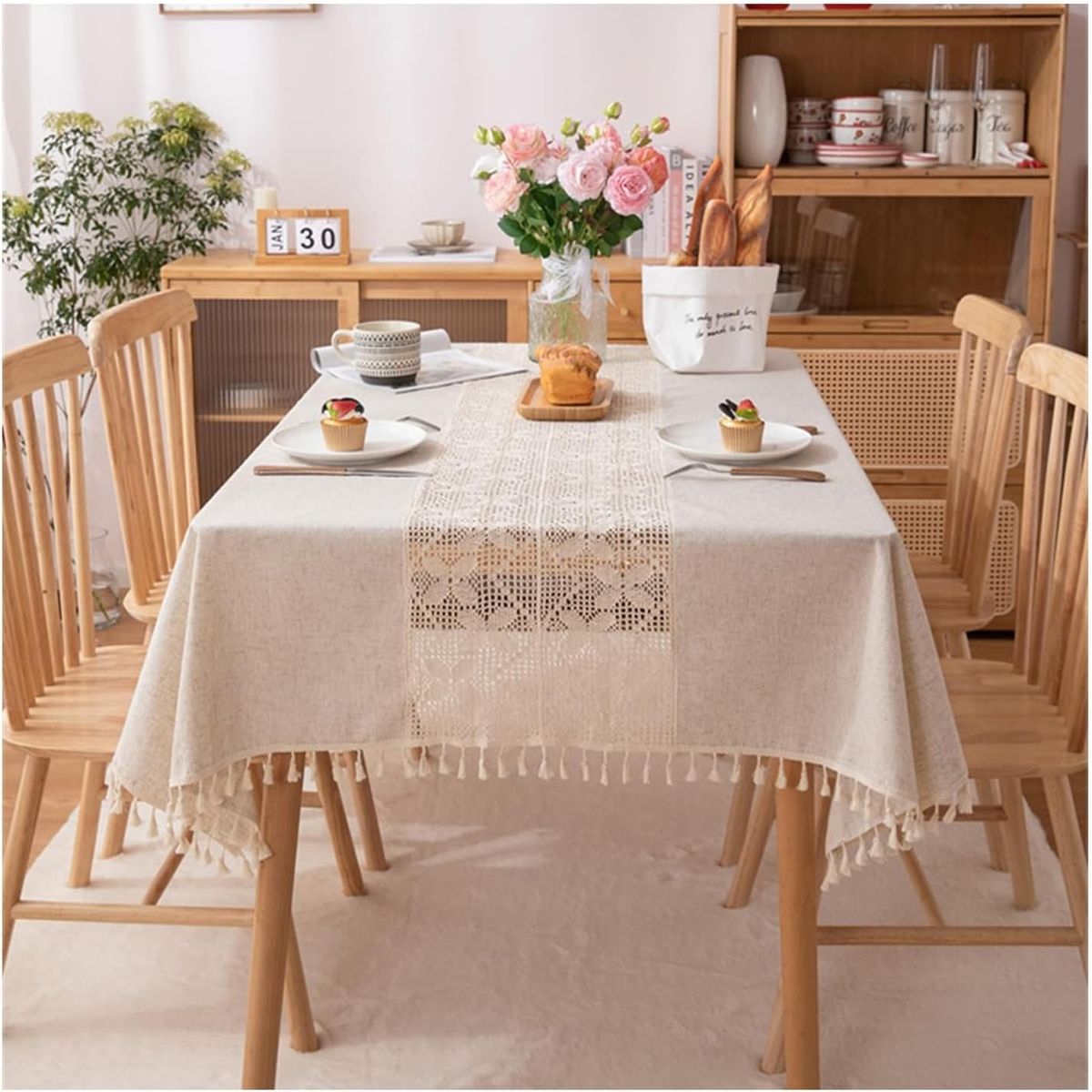 PUREPOWER - Mantel Vintage Crochet Calado Flecos Lino para Bodas Hogar 140x220cm
