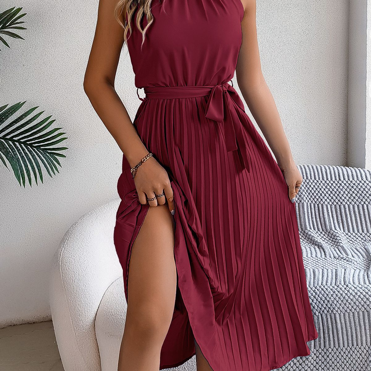 TIOZONEY - Vestido sin mangas con cuello halter-Rojo