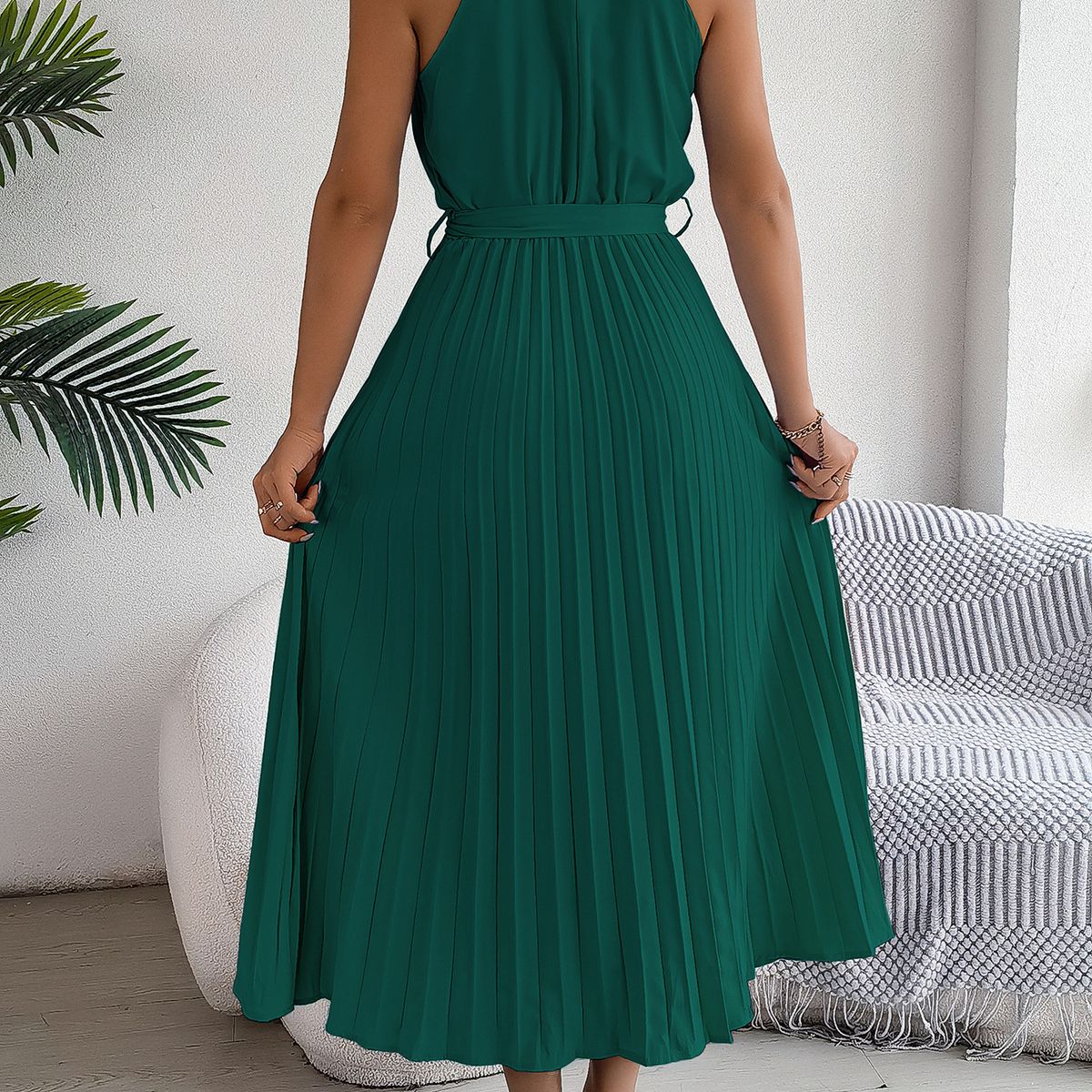TIOZONEY - Vestido sin mangas con cuello halter-Verde