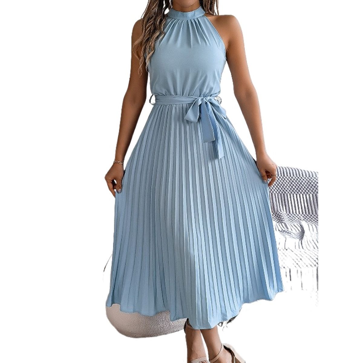 TIOZONEY - Vestido sin mangas con cuello halter-Azul