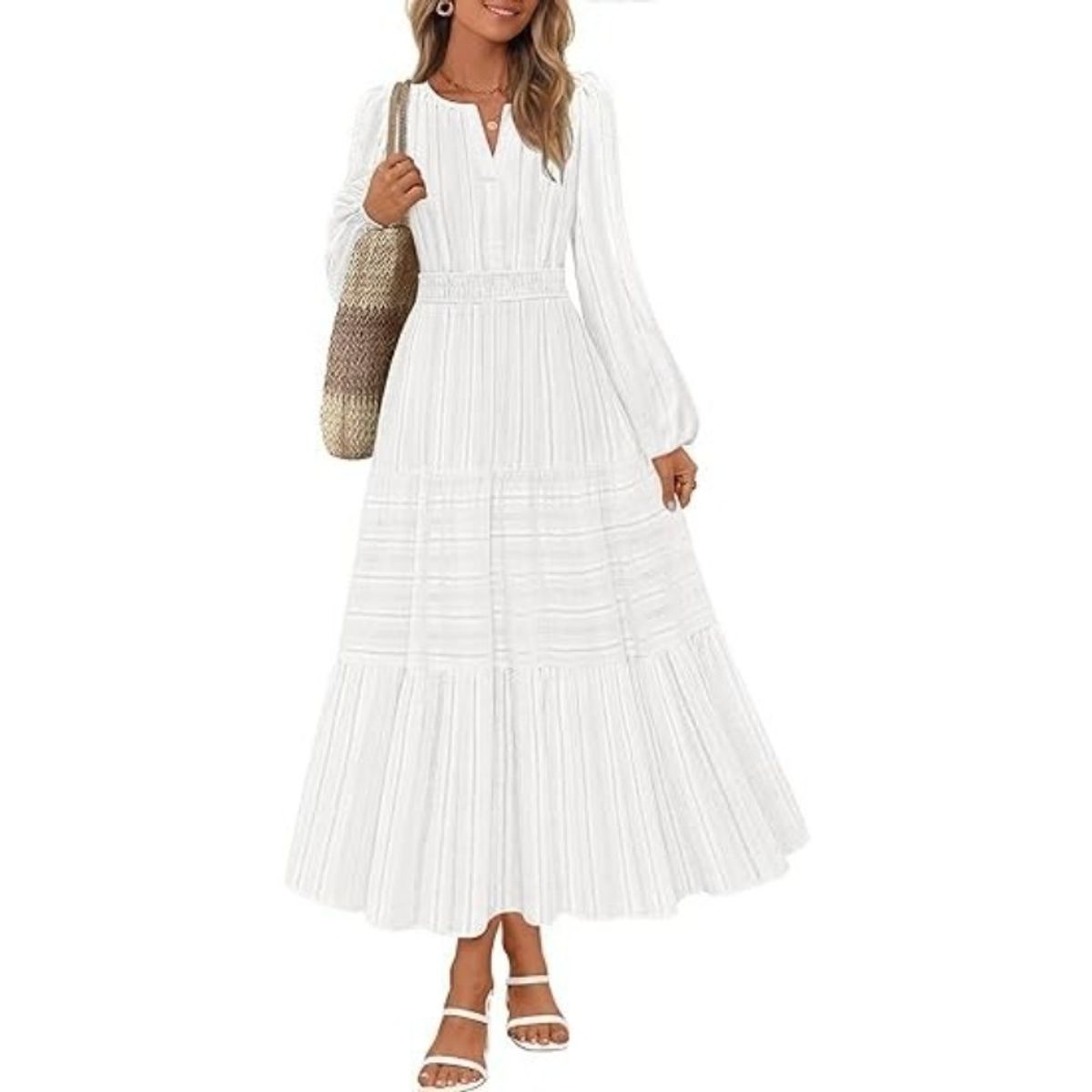 TIOZONEY - Vestido largo de manga larga para mujer-Blanco