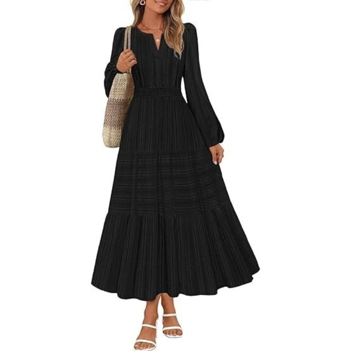 TIOZONEY - Vestido largo de manga larga para mujer-Negro