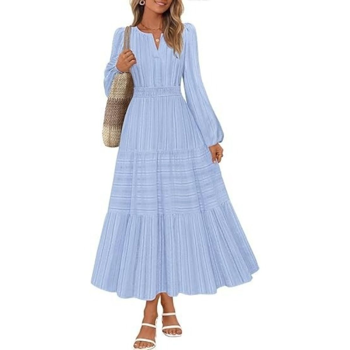 TIOZONEY - Vestido largo de manga larga para mujer-Azul