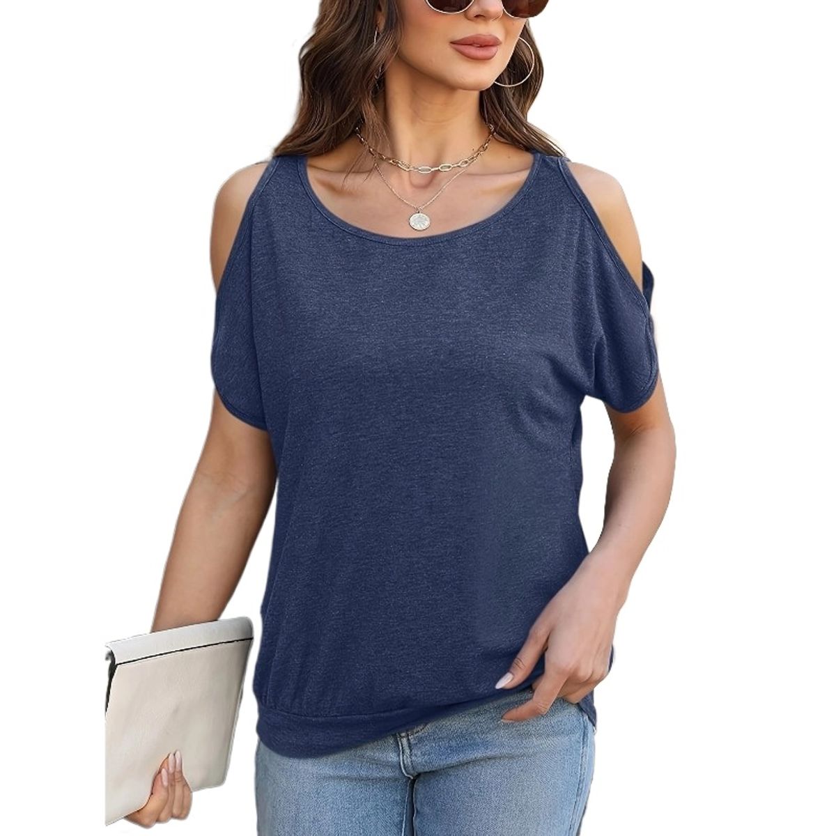 TIOZONEY - Blusa con hombros descubiertos para mujer-Azul