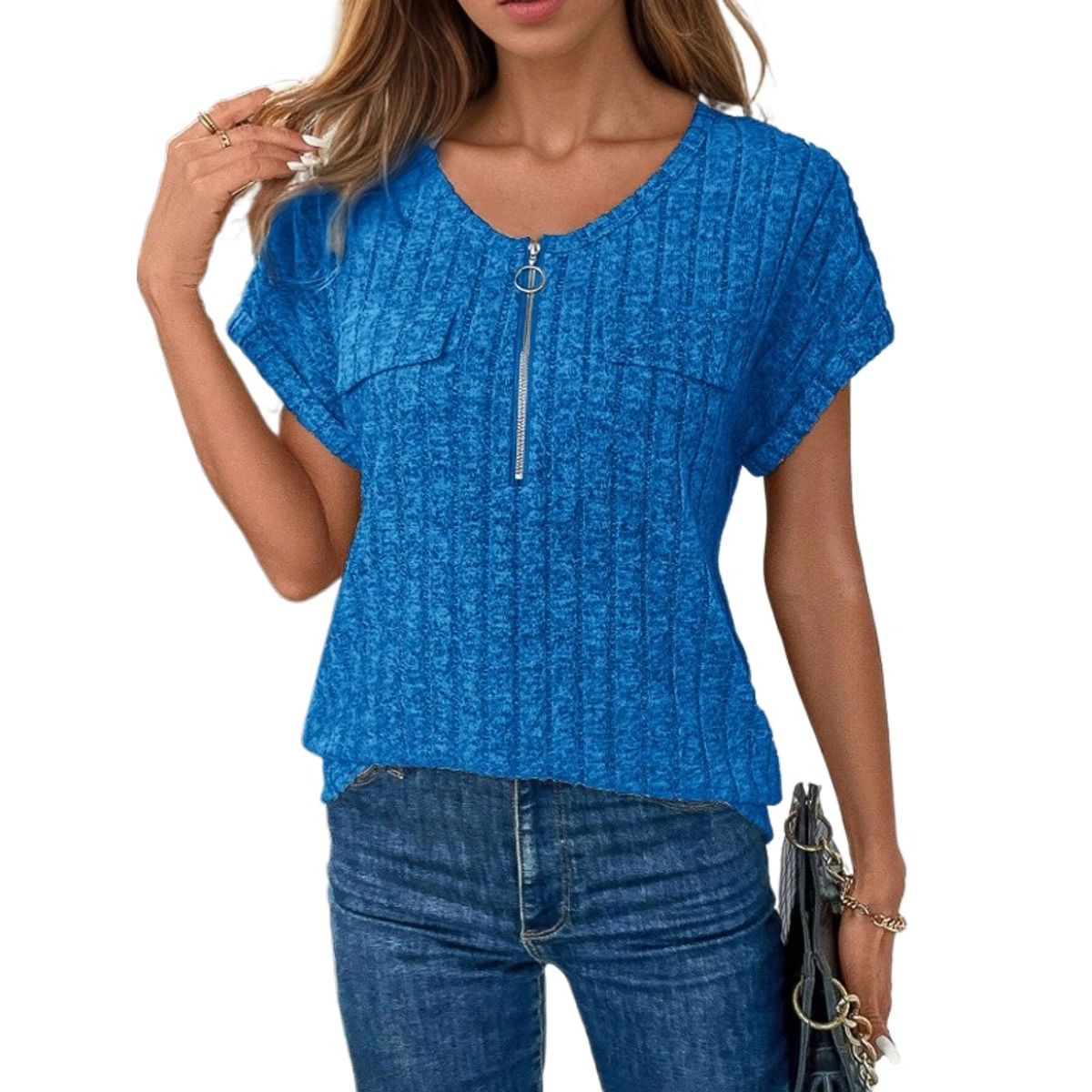 TIOZONEY - Blusa holgada con cremallera-Azul